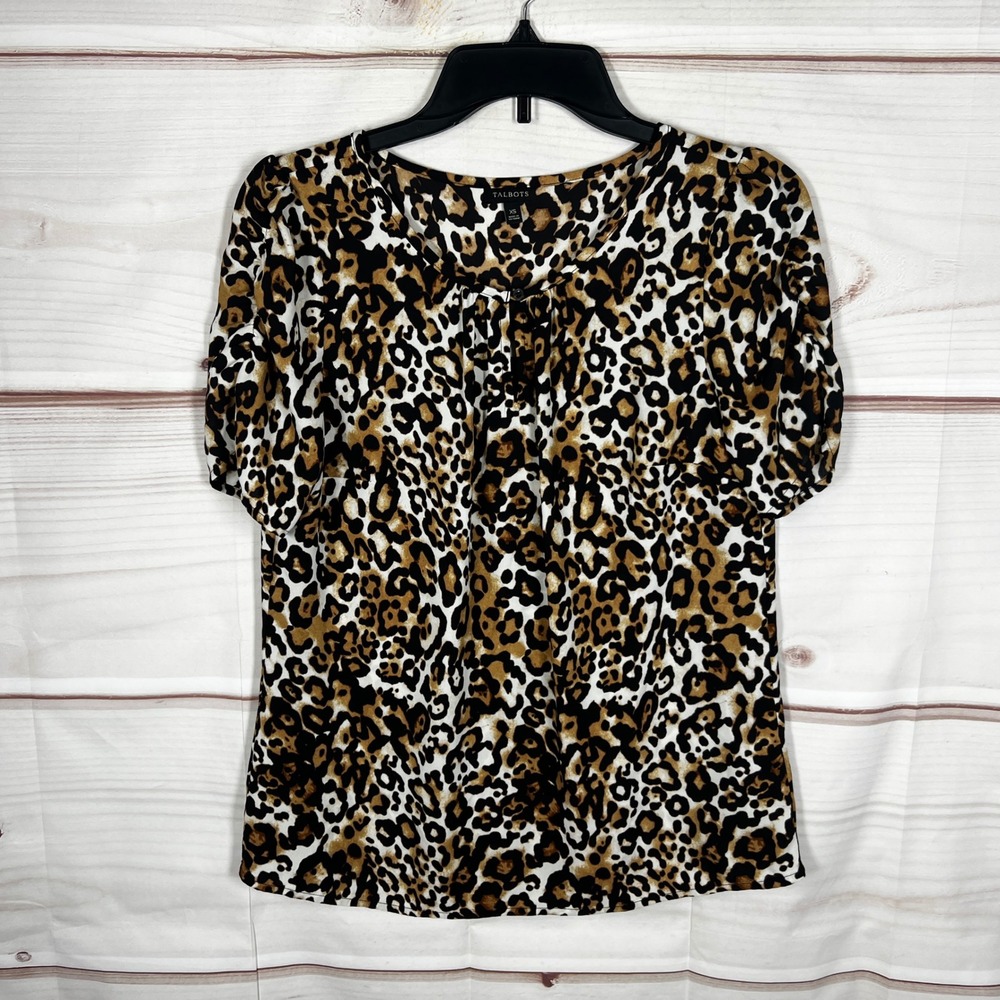 Talbots Blouse Womens XS Brown Leopard Print Short Sleeve Keyhole Neck Preppy